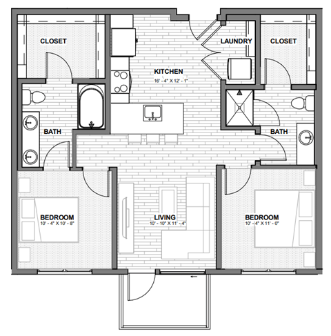 Floor plan for 2 beds, 2 baths, 860 sqft